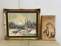 Delorme Wood Painting and Framed Oil Painting