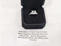 Smartlife 925S 3.0 Carat Lab-Created White Sapphire Ring with Pear Cut Sidestones - Size 8