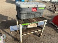 Steel Work Bench On Wheels and Rubbermaid Bin with Contents