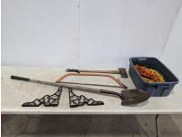 Spade, Double Blade Axe, Metal Stove Shelf Brackets, Rope and Electrical Cords