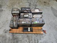 (8) Used Batteries, Battery Tester, Platform On Castor Wheels