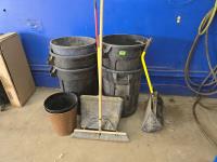 (7) Garbage Bins, (2) Brooms & (2) Dust Pans