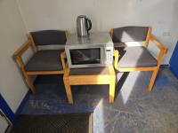 (2) Chairs, Small Table,  Danby Microwave & Russel Hobbs Vietke