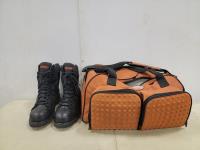 (1) Pair of Harley-Davidson Boots, Thermos Duffle Insulated Bag, (2) Insulated Mugs, (1) Bike Helmet