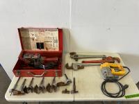 Milwaukee Hole Hawg Drill (3) Ridgid Pip Wrenches, DeWalt Jig Saw