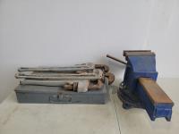 Qty of Fittings, 6 Inch Bench Vise, 18 Inch Pipe Wrench and 24 Inch Pipe Wrench