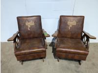 (2) Brown Faux Leather Wagon Wheel Rocking Chairs