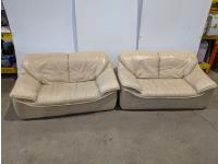 (2) White Leather Love Seats