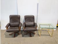 (2) Leather Swivel Chairs and Glass-Top End Table