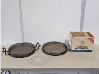 (2) Vintage Serving Trays, Glass Platter and (10) Glass Bottles