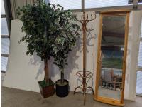 Mirror, (2) Artificial Plants and Coat Tree