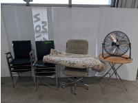 (6) Chairs, Office Chair, Area Rug, Folding Table and Fan