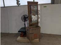 Corner China Cabinet, Ottoman, Fan and Box of Household Items