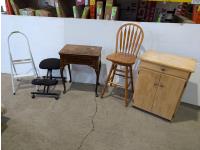 (2) Stools, Step Ladder, Table and Cabinet