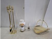 Vintage Hurricane Lamp, Oil Lamp and Brass Fireplace Set