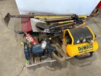 DeWalt Air Compressor, Mastercraft 8 Inch Bench Grinder, Qty of Garden Tools and Sling