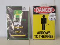 John Deere Parking Only and Danger Arrows to the Knee Tin Signs