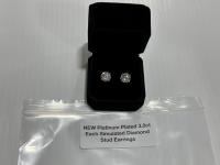 Platinum Plated 3.0Ct Each Simulated Diamond Stud Earrings