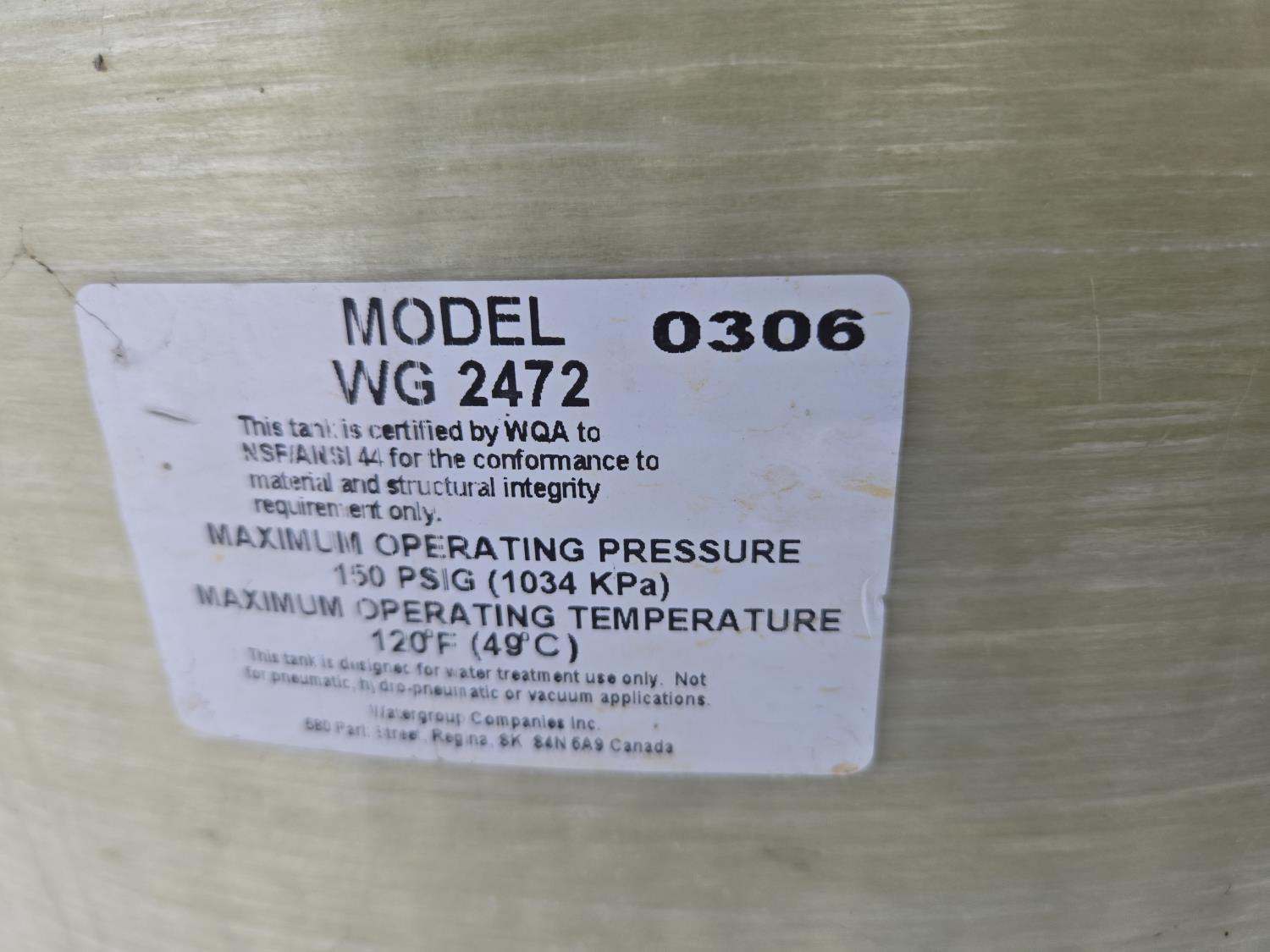 Fiberglass WG2472 Water Pressure Tank - 25DK | Team Auctions